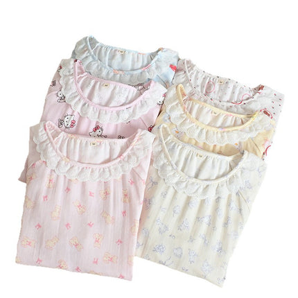 Summer Baby Cotton Gauze Short-Sleeved Thin Nightgown for Women Cartoon Lace Round Neck Breathable Cotton Home Clothes Can Be Worn Outside
