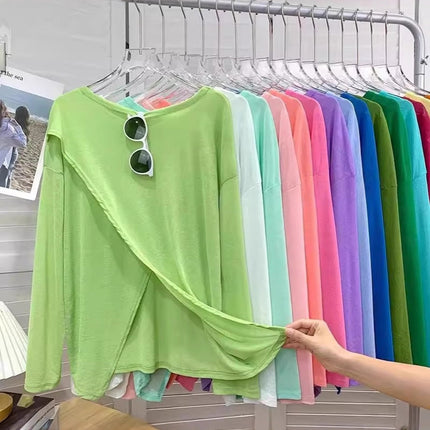 Macaron Color Ultra-White Sunscreen Clothing for Women, Front and Back Two-Wear Slit Niche Design Sunscreen T-Shirt Air-Conditioning Shirt