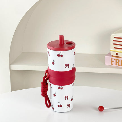 High-Looking Stainless Steel Thermos Cup, Large-Capacity Car-Mounted Cute Printed Coffee Cup, Accompanying Cold-Keeping Double-Drink Ice Cup