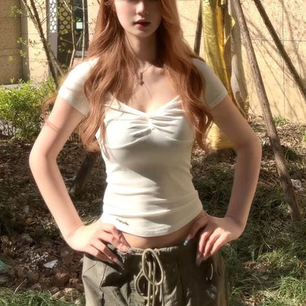 American Sexy White Large Neckline Design V Neck Short-Sleeved T-Shirt Women's Summer Niche Slim Short Crop Top
