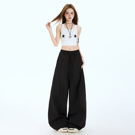 Fashionable Lazy Style Wide-Leg Casual Pants for Women, Summer Thin Design with Spliced Drawstring Elastic Waist, Loose Scimitar Pants