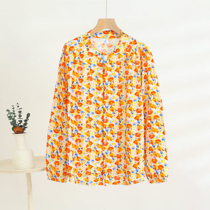 Middle-Aged and Elderly Women's Summer Thin Cardigan Mother's Wear Cotton Silk Long-Sleeved Loose Large Size Artificial Cotton Shirt Pajama Top