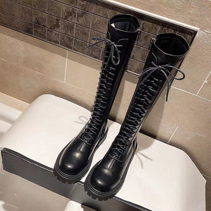 Over-The-Knee High Boots 2025 Autumn and Winter New Style Handsome Knight Boots Round Toe Lace-Up Elastic Fleece-Lined Boots Riding Boots