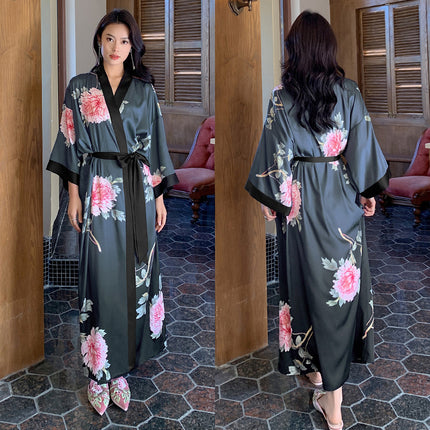 Yaoting New Style Satin Pajamas Women's Summer Large Size Light Luxury Seven-point Sleeve Cool Nightgown Bathrobe Home Clothes Women's WP2669