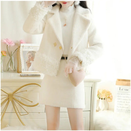 Winter New Wool suit Women's Thickened Lambskin Coat Fashion Skirt suit Skirt Elegant Two-piece Set