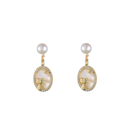 Necklace for Women Korean Style Freshwater Pearl S925 Silver Needle Earrings Mother-Of-Pearl Gold Kitten Fashion Niche Ins Style Necklace