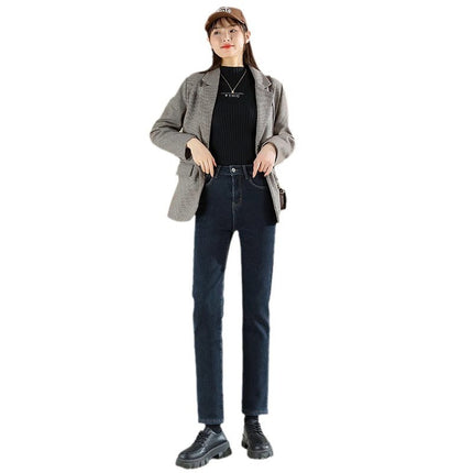 fleece-lined Thickened High Waist Straight Jeans Women's Autumn and Winter Fashion All-match New Slim Look Small fleece-lined Pipe Pants