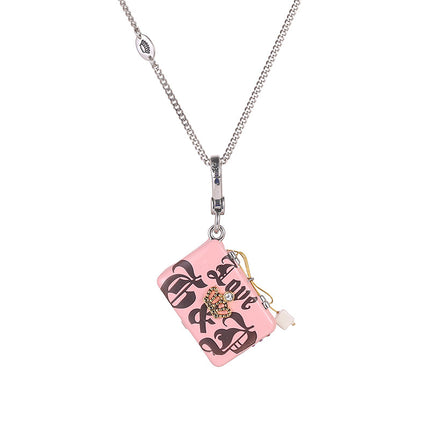 Cross-border foreign trade jewelry letter printing enamel glaze pink laptop pendant exquisite design sense necklace