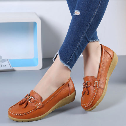 Summer Hollow New Leather Shoes for Middle-Aged and Elderly Mothers, Women's Single Shoes, Bean Shoes, Women's Soft-Soled Wedge-Heeled Clogs, Women's Shoes