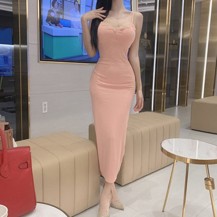 South Korea Dongdaemun Tight Sexy Padded Chest Backless Figure Low-cut Lace Long Split Sling Dress for Women