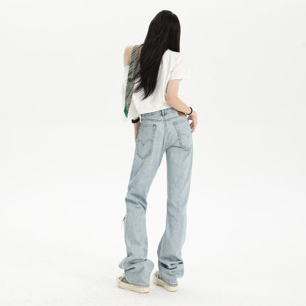 American Low-Waist Hot Girl Ripped Jeans for Women 2025 Summer New Slim Fit Straight Floor-Length Trousers