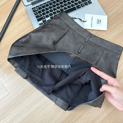 american Retro Hot Girl a-line Skirt Women's autumn New High Waist pu Leather Skirt Hip Skirt Rubbed Color Distressed Short Skirt