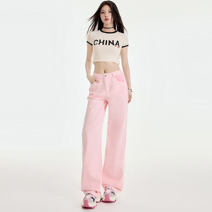 Spring 2025 New Pink High Waist Stitching Design Contrast Color Straight Jeans Women JEANS WOMEN