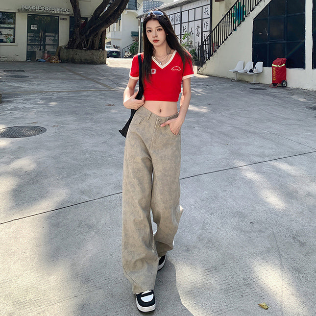 American High Street Tie-Dye Wide-Leg Jeans for Women 2025 Summer New High-Waisted Loose Slimming Look Straight Pants