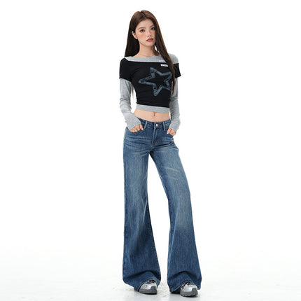 High Street Bootcut Jeans for Women, Autumn New Style, American Design, Loose and Drapey, Wide-Leg Flared Pants