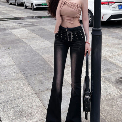 Vintage Gradient Flared Jeans for Women, Autumn Design, American Style, High-Waisted, Stretchy, Slim-Fit, Floor-Length Pants