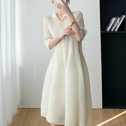 Miyake Elegant, Gentle, Elegant, Comfortable, Simple, Slim Waist Dress for Women 2023 Summer New Casual Pleats