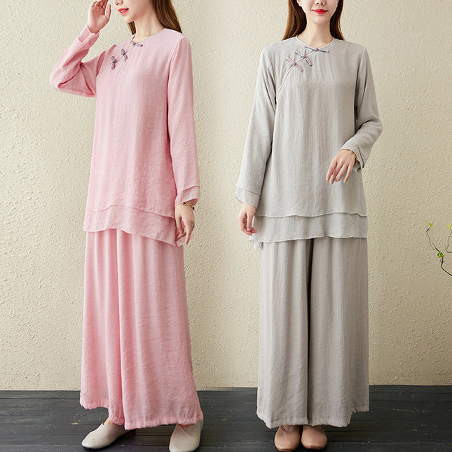 Spring and Summer Taiji Clothing Women's Retro Elegant Taijiquan Morning Exercise Martial Arts Performance Clothing Zen Clothing Tence Cotton Sports Yoga