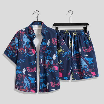 Men's Ins Summer Loose Short-Sleeved Shorts Suit Trendy and Handsome Beach Floral Couple Clothes Hawaiian Style Shirt