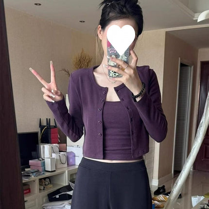 2025 New Design Purple Camisole Knitted Cardigan Short Top Two-Piece Set for Women