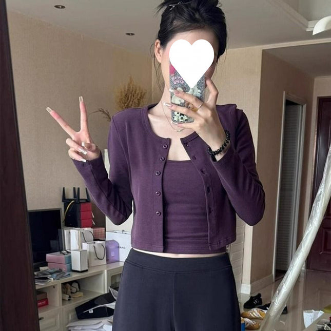 2025 New Design Purple Camisole Knitted Cardigan Short Top Two-Piece Set for Women