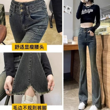 Women's Flared Pants 2025 Spring High-Waisted Tummy-Concealing Slightly Chubby Front Slit Tassel Flared Denim Floor-Length Pants