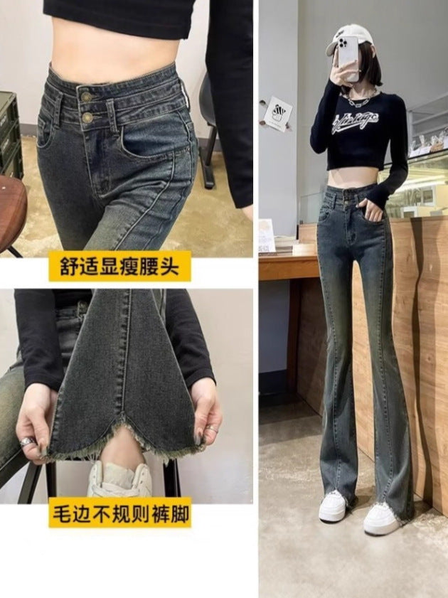 Women's Flared Pants 2025 Spring High-Waisted Tummy-Concealing Slightly Chubby Front Slit Tassel Flared Denim Floor-Length Pants