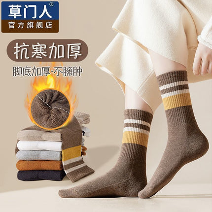 Socks Women's Autumn and Winter Mid-length Socks fleece-lined Thickened Warm terry Towel Bottom Cotton Socks High-tube Fashionable Women's Stockings