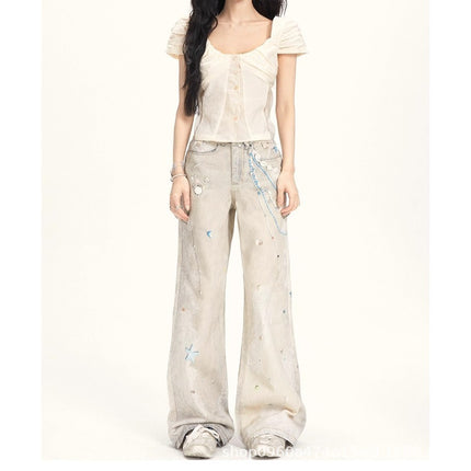 2025 Pearl Lace Cold Transfer Printed Jeans Versatile Holiday Style Straight Pants Trousers