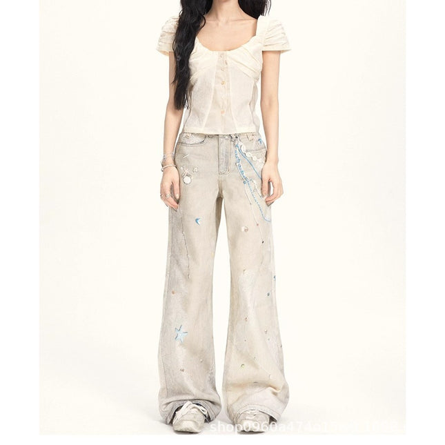 2025 Pearl Lace Cold Transfer Printed Jeans Versatile Holiday Style Straight Pants Trousers