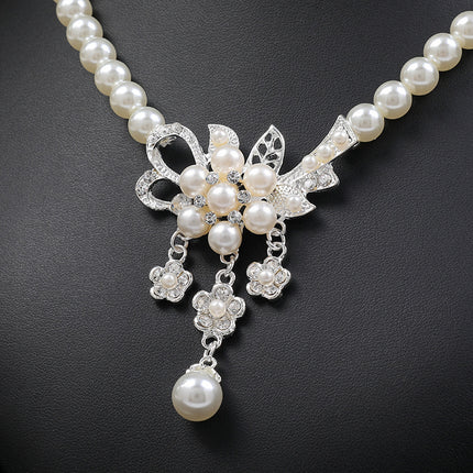 2022 New Fashion Pearl Flower Necklace Earrings Set European and American Cross-Border Hot Selling Women's Jewelry Alloy Plating