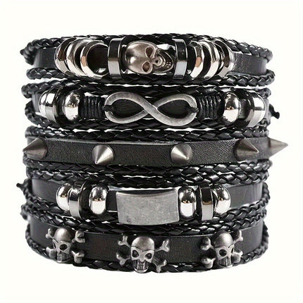 Cross-border European and American Men's Woven Leather Bracelet suit Multi-layer Skull Head Unlimited Symbol Bracelet Leather Bracelet
