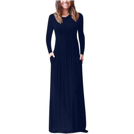 2023 autumn and winter New Amazon cross-border supply round neck long sleeve solid color casual pocket dress mop dress