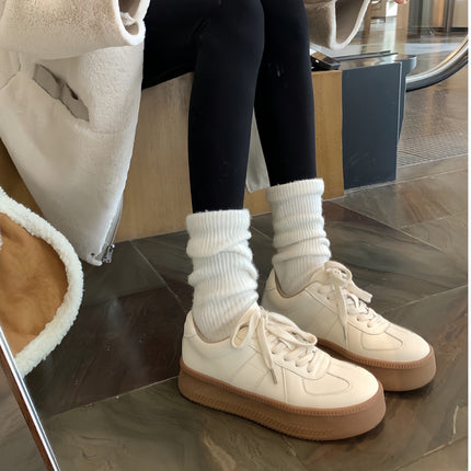 Cowhide Version~ Haonianhua Women's Shoes, German-Style Training Shoes, Round Toe, Thick Sole, Versatile Shoes, Lace-Up Casual White Shoes, Women's Sneakers