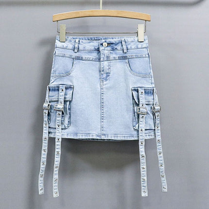 Retro Black and Gray Spicy Girl Style Ribbon Sweet Cool Denim Short Skirt for Women, Spring and Summer High-Waisted Workwear Ins Elastic Bodycon Skirt