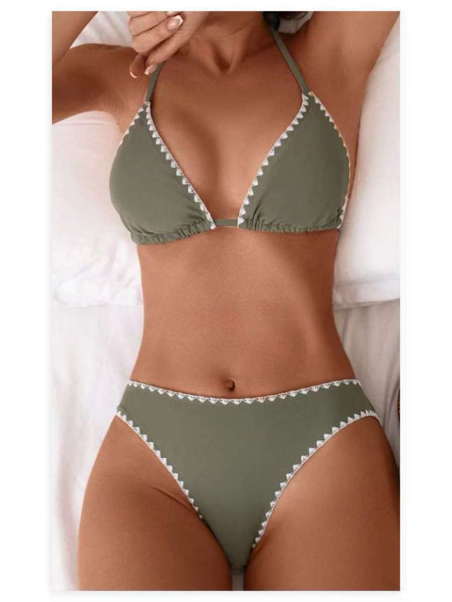European and American Sexy Split Swimsuit Women's Triangle Cup Bikini Lace Decoration High Waist Bikini Swimsuit Set