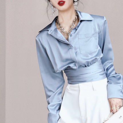 Fashionable all-match lapel button back bow elegant elegant shirt cross-border Women's Spring and Autumn New exquisite shirt