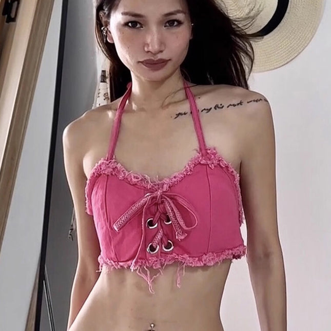 Denim Bikini Figure European and American Sexual Belt Chest Pad Strap Vacation Seaside Swimsuit Female Hot Spring Beach Hot Girl