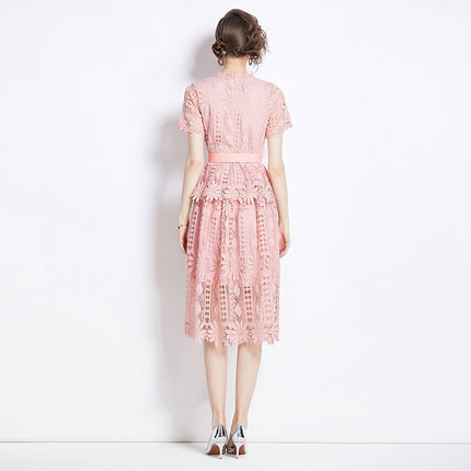 2024 new cross-border light luxury high-end fashion slim hollow water soluble lace long dress