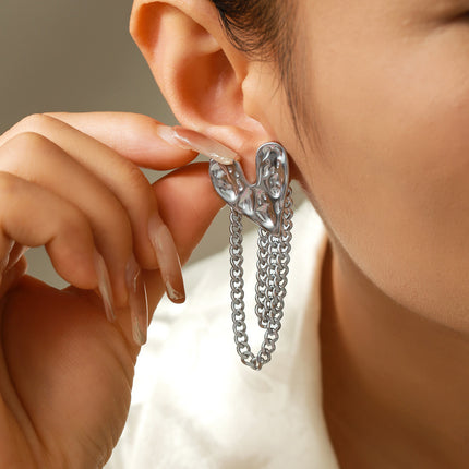 Temperament European and American karst heart-shaped earrings women's retro personality hammer love tassel chain stainless steel earrings wholesale