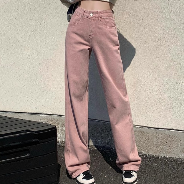 Dirty Pink High Waist Wide Leg Jeans Women's Trendy All-match New Loose Slimming Casual Narrow Straight Long Pants