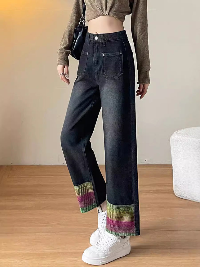 Contrast Color Stitching Vintage Cropped Jeans Women's Autumn and Winter New Small Narrow High Waist Slimming Straight Pipe Pants