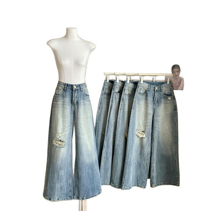 Vintage Ripped Straight-Leg Jeans for Women, High-Waisted, Loose, Slimming, Spring/Summer Wide-Leg Pants, Petite Floor-Length Trousers