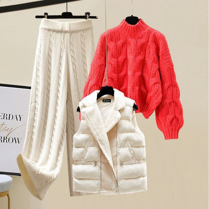 Winter suit Women's 2024 New Wearing Cotton Vest Thickened Sweater All-match Slimming Wide Leg Pants Three-piece Set