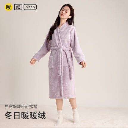 Autumn and Winter Thickened Couple's Robe, Faux Half-Velvet, Diagonal V-Neck, Simple and Elegant, Light Luxury, Warm Bathrobe, Long Style for Men and Women