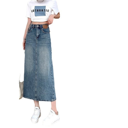 Vintage Split Half-length Denim Skirt Women's New 2024 Summer Contrast A- line Half-skirt Spring and Autumn Mid-length Hong Kong-style Thin
