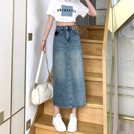 Vintage Split Half-length Denim Skirt Women's New 2024 Summer Contrast A- line Half-skirt Spring and Autumn Mid-length Hong Kong-style Thin