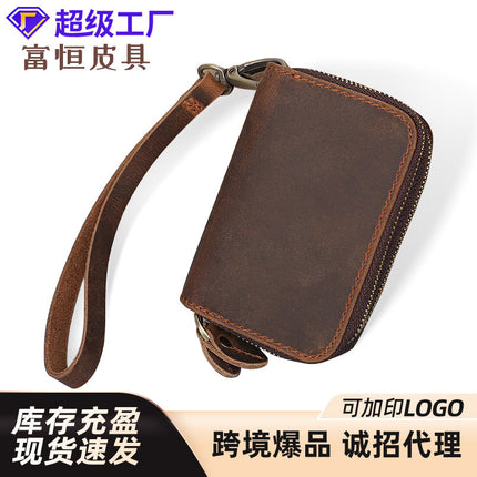 Europe and the United States retro leather key bag factory cross-border hot wholesale crazy horse car key hand bag change purse