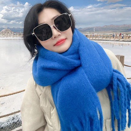 Mohair cold-proof brushed thickened Korean style solid color scarf scarf women's autumn and winter neck protection warm big tassel New