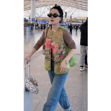 2024 Early Spring New Style Small New Chinoiserie Retro National Style Old Money Tang Suit Green Buckle Vest Women's Work Clothing